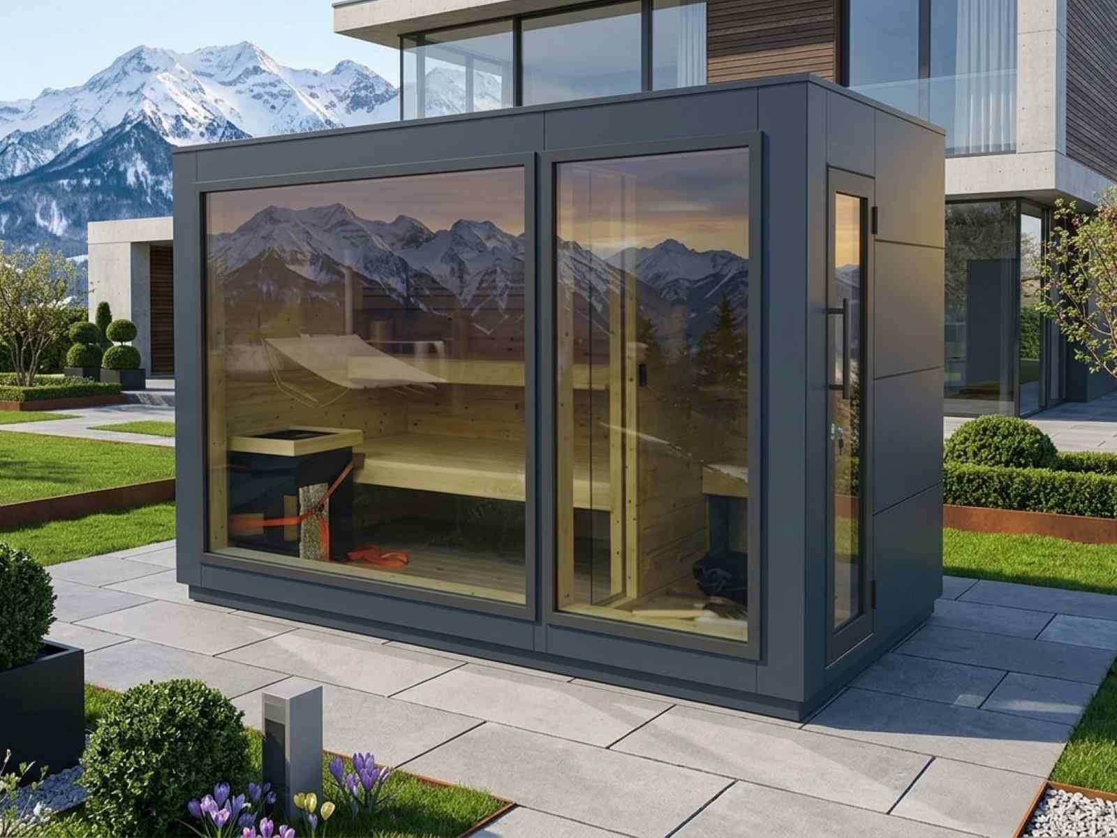 Saunahaus mit Dusche und Whirlpool kaufen klein Holzofen Vorraum Ruheraum Deutschland Österreich Schweiz neu WC modern Glas 2-3-4-5-6 Personen Glasfront Panorama vormontiert