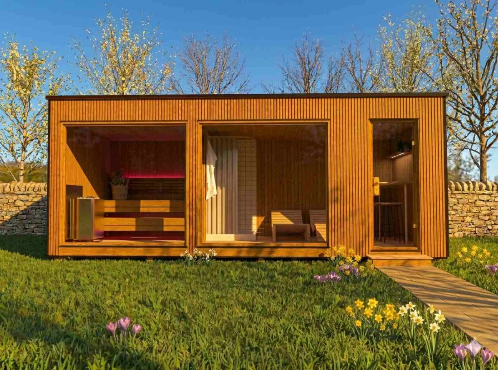Saunahaus mit Vorraum kaufen Glasfront 2 - 4 - 6 Personen aus Holz Gartensauna mit Vorraum Außensauna mit Ruheraum modern Design Cube Kubus Flachdach Panoramafenster Luxus Preise
