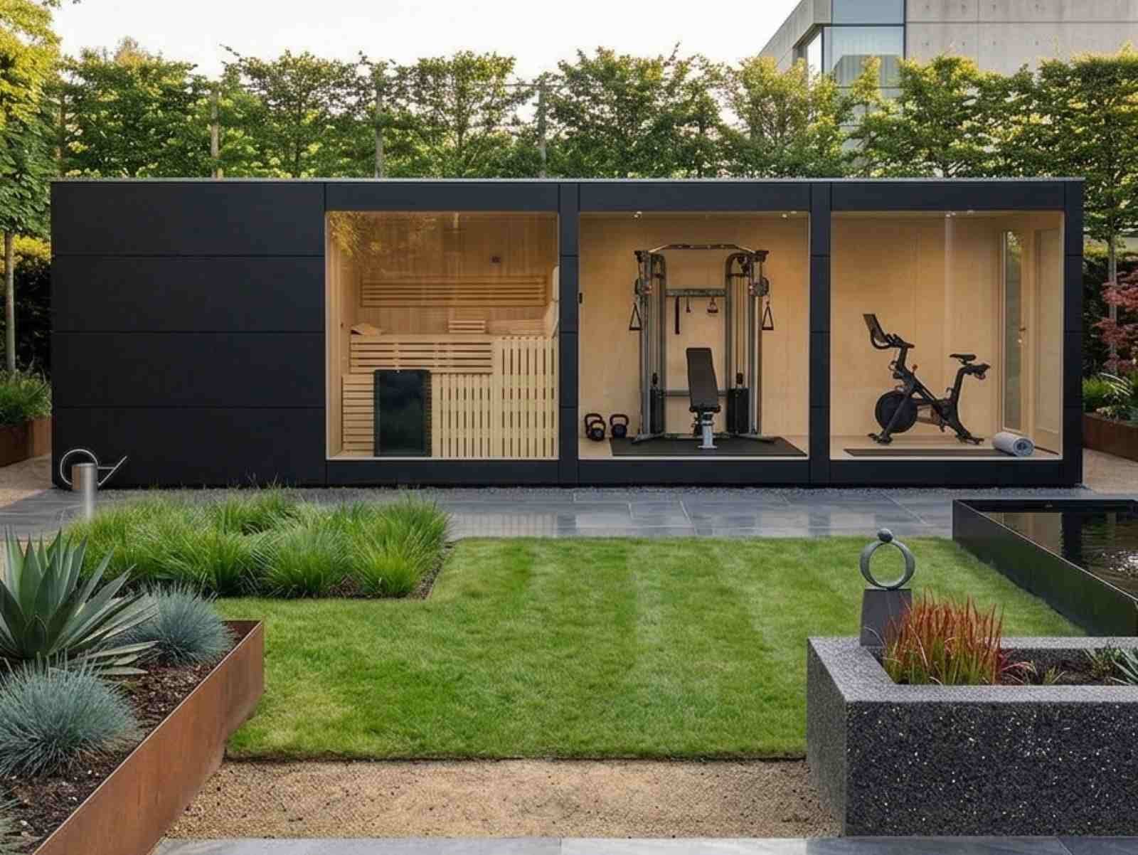 Saunahaus mit Vorraum kaufen und Fitnessraum Gym Dusche Glasfront Sauna im Garten Design modern Cube verspiegelt HPL Gartensauna mit Vorraum Sauna outdoor Außensauna mit Ruheraum