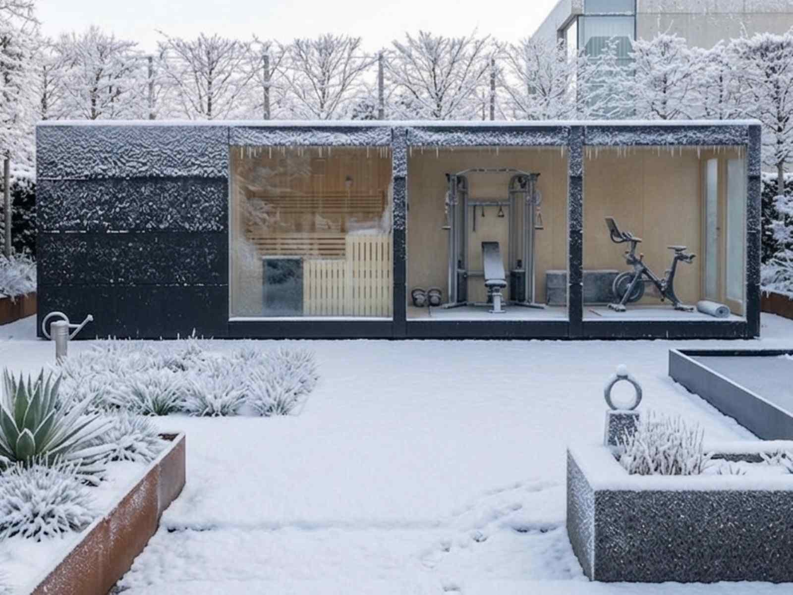 Saunahaus mit Vorraum und Dusche Fitnessraum Gym Komplettset Holzofen im Garten Design modern Cube Glas HPL Gartensauna mit Vorraum aus Holz Sauna outdoor Außensauna mit Ruheraum