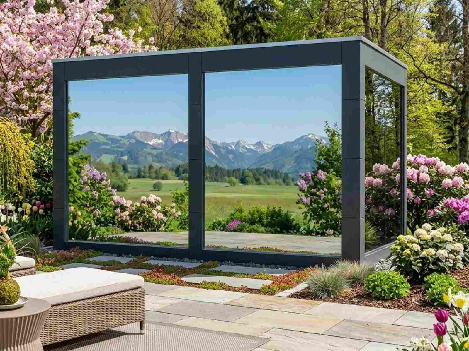 Saunahaus mit Vorraum und Dusche Komplettset Holzofen im Garten Design modern Cube Glas HPL Gartensauna mit Vorraum Ideen Sauna outdoor Außensauna mit Ruheraum Luxus exklusiv