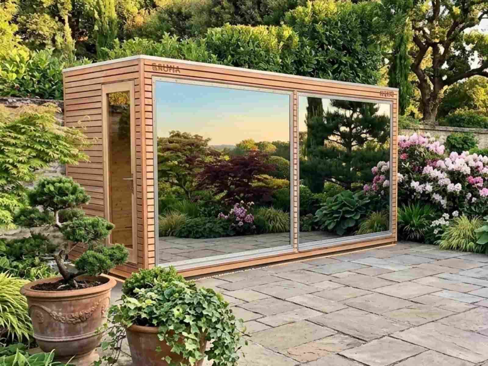 Saunahaus mit Vorraum und Dusche Komplettset Holzofen im Garten Design modern Cube Glas HPL Gartensauna mit Vorraum aus Holz Sauna outdoor Außensauna mit Ruheraum Luxus exklusiv