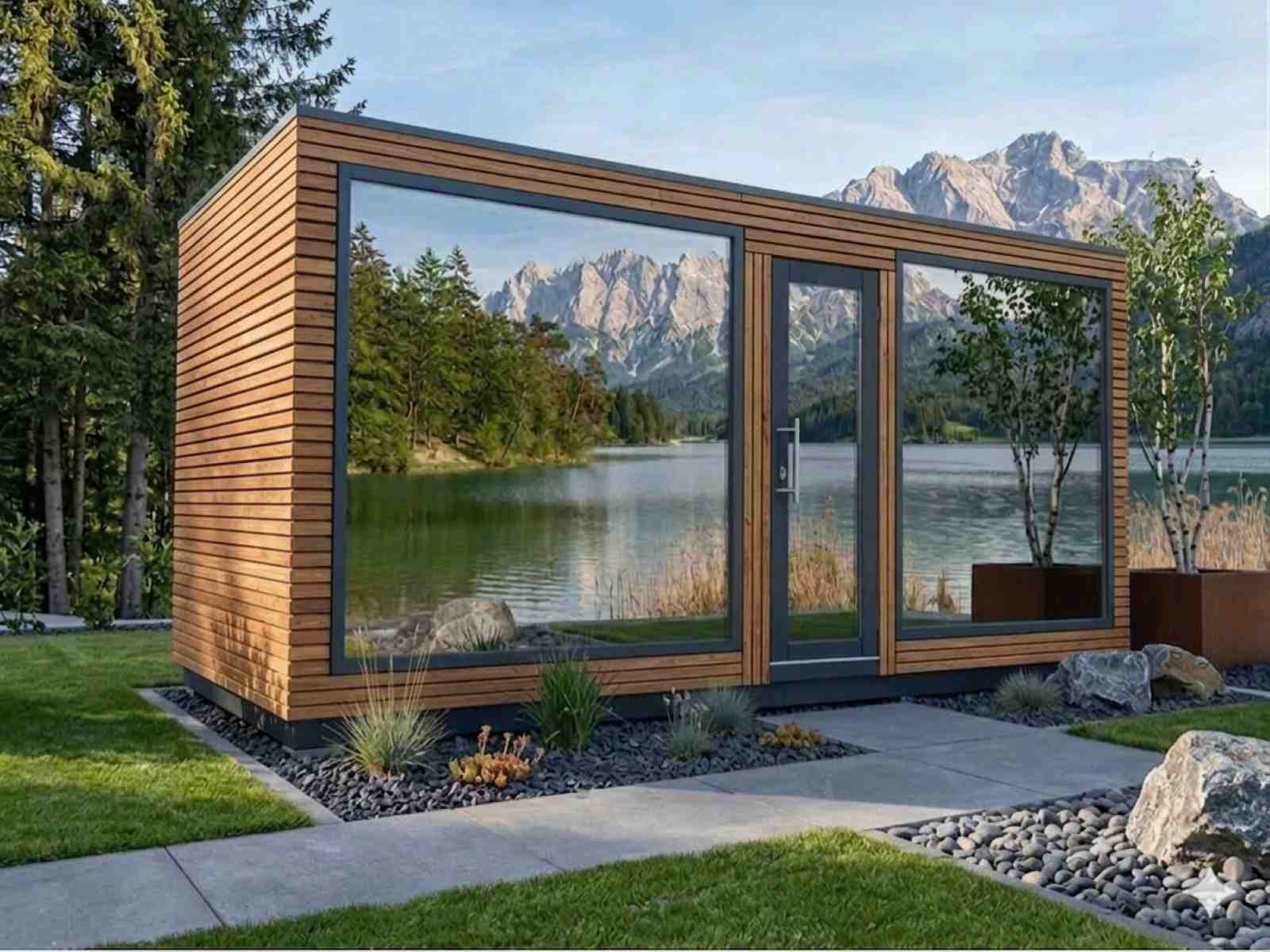 Saunahaus mit Vorraum und Dusche Komplettset Holzofen im Garten aus Holz Design modern Cube Glas HPL Gartensauna mit Vorraum Sauna outdoor Außensauna mit Ruheraum Luxus exklusiv