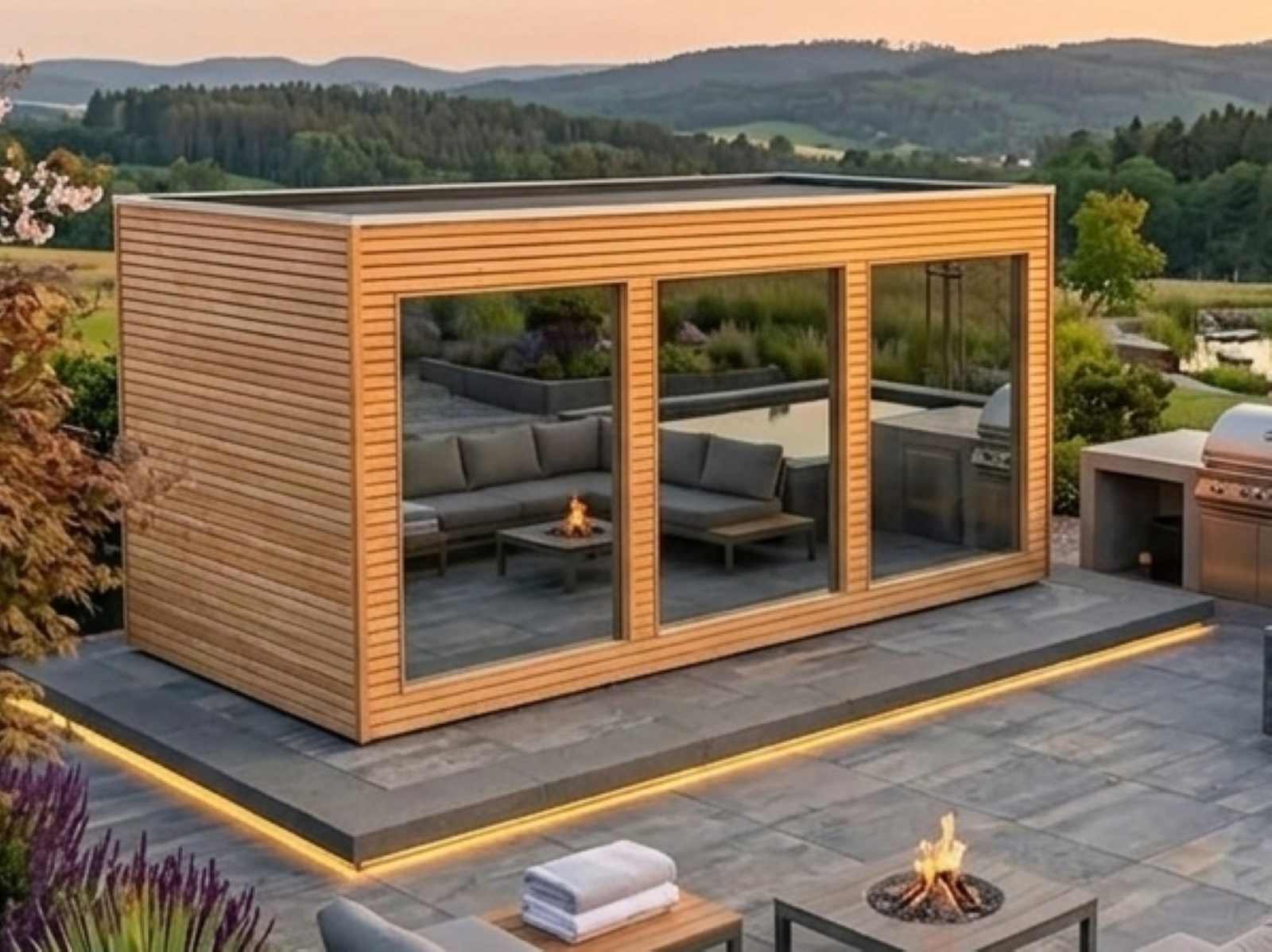 Saunahaus mit Vorraum und Dusche kaufen aus Holz Glasfront Sauna im Garten Design modern Cube GS8 verspiegelt HPL Gartensauna mit Vorraum Sauna outdoor Außensauna mit Ruheraum vormontiert