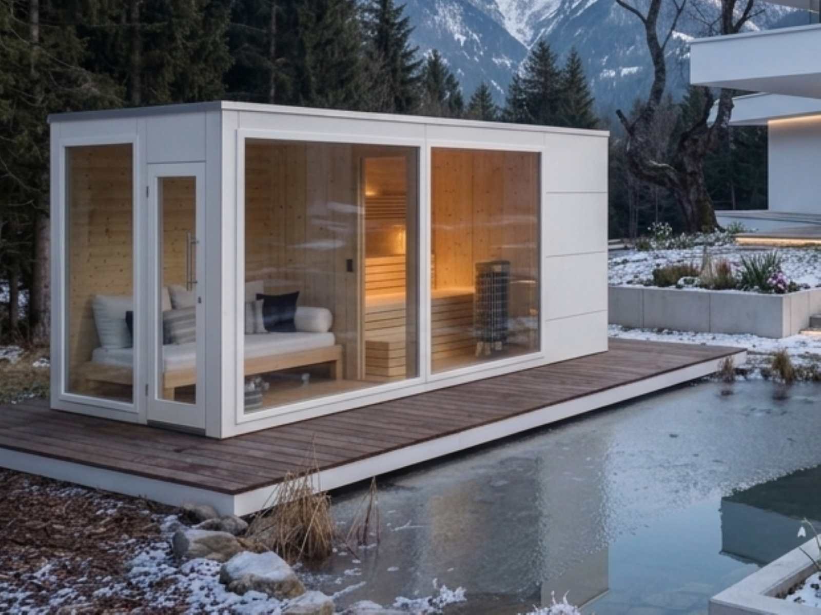 Saunahaus mit Whirlpool kaufen Garten Dusche und WC Ruheraum modern Glas Vorraum aus Holz Elektroofen Holzofen kaufen 2-3-4-5-6 Personen Preis Glasfront Kosten Panoramafenster