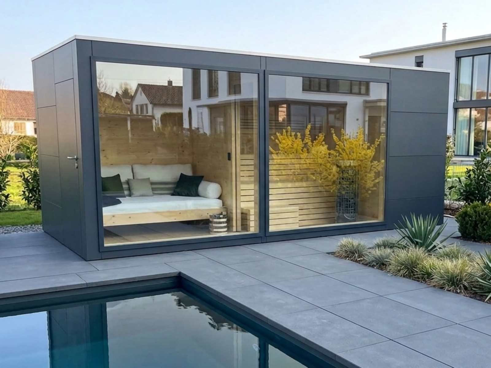 Saunahaus mit Whirlpool und Dusche kaufen Garten WC Poolhaus Ruheraum modern Glas Vorraum Elektroofen Holzofen kaufen 2-3-4-5-6 Personen Preis Glasfront Kosten Panoramafenster