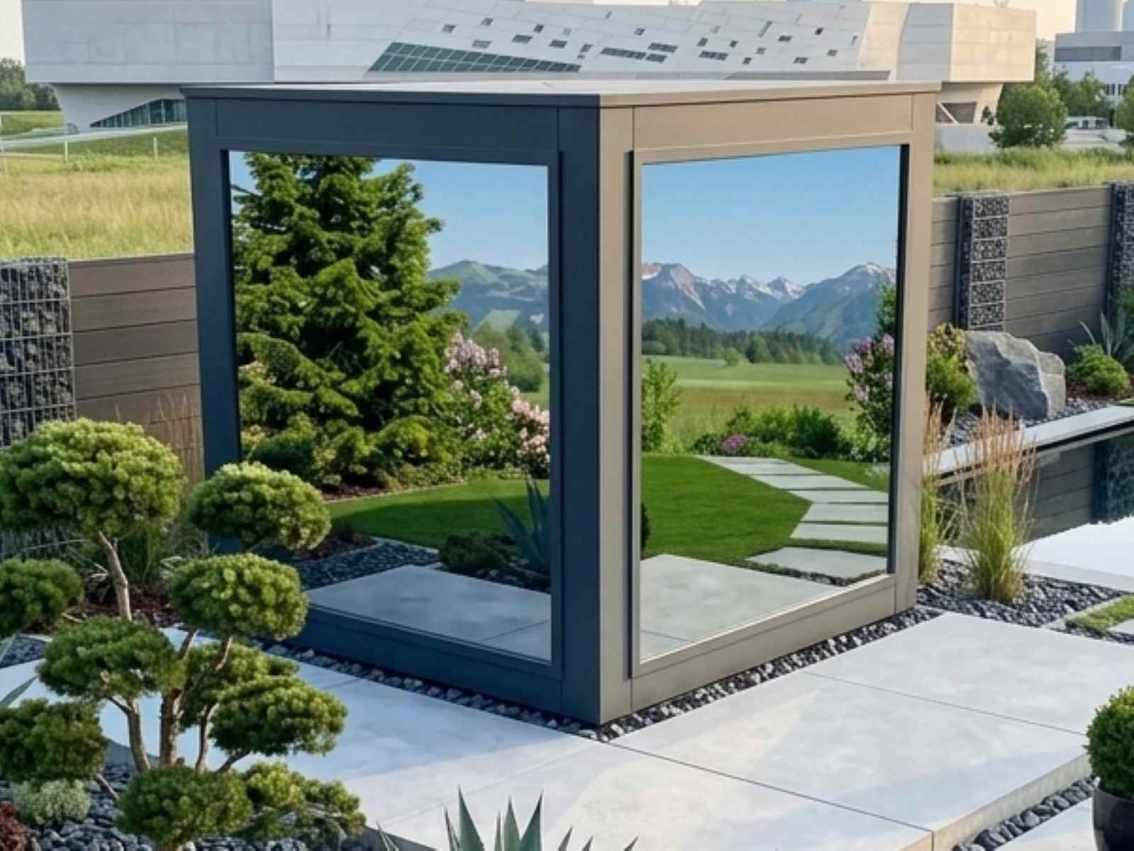 Saunahaus modern klein Garten Whirlpool kaufen Dusche Glas verspiegelt Elektroofen Holzofen kaufen 2-3-4-5-6 Personen HPL Preis Glasfront Panorama
